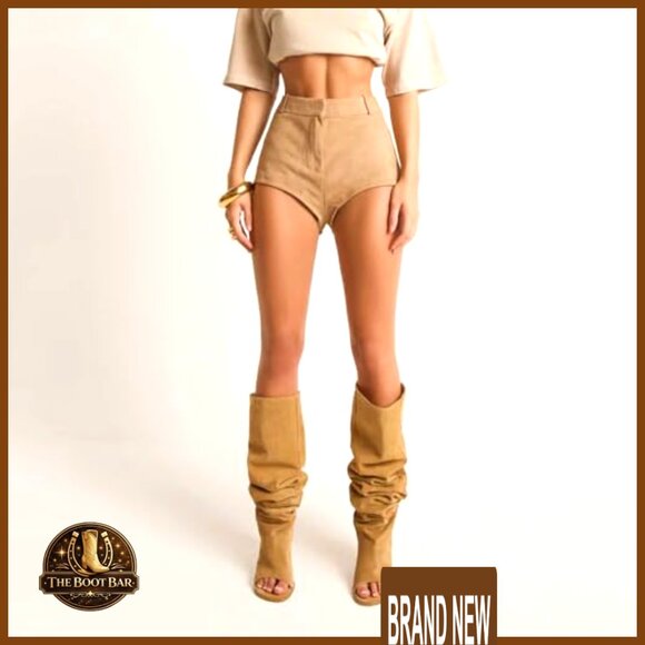 Kitten Heel Knee High Boots Open Peep Toe Wide Calf Slouchy Fashion Boots - Picture 4 of 6